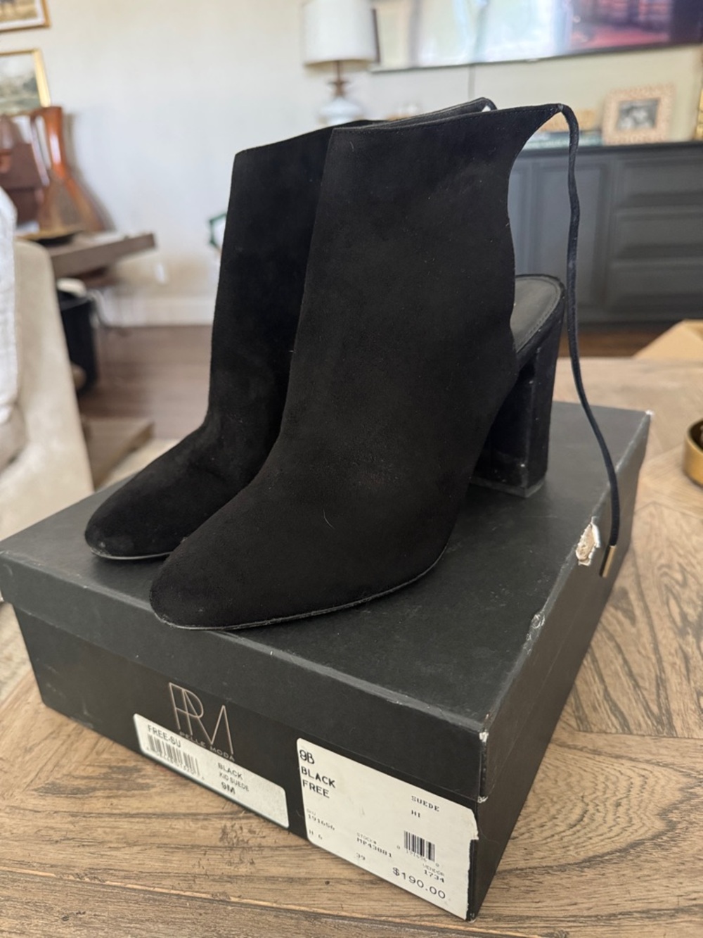 Pelle Moda Black Suede Open-Back Block Heel Boots